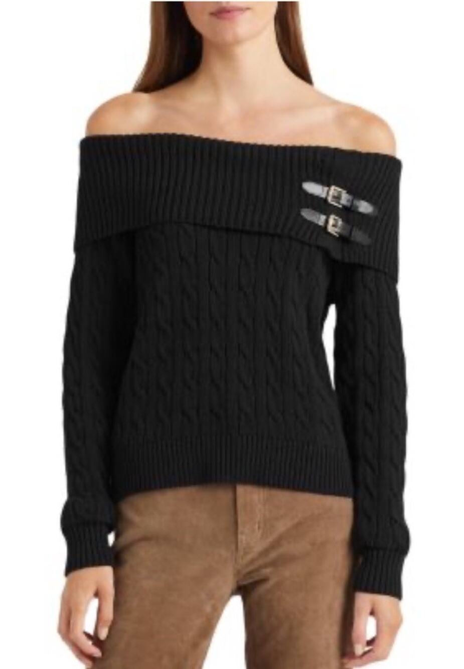 Y2K 90s Black Womens XL Off the Shoulder Cable Knit Sweater Buckle Dark Academia